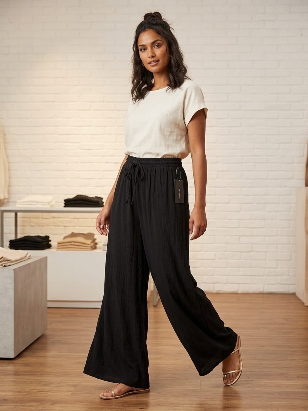 Robert Louis Black Wide-Leg Drawstring Pants